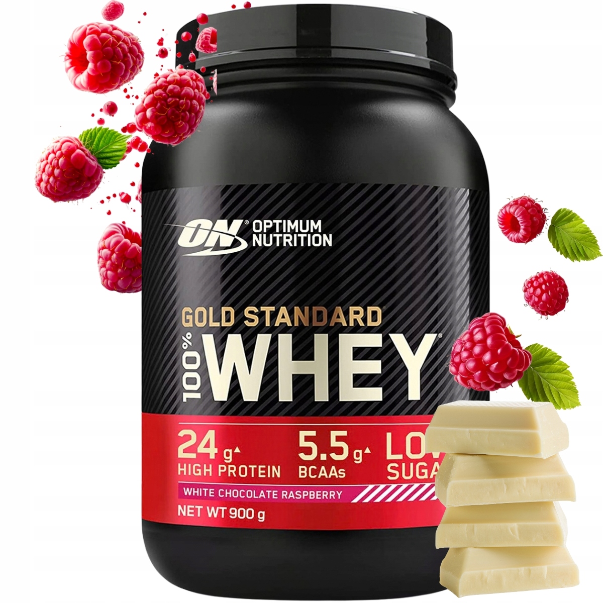 Optimum Nutrition Gold Standard Whey 100% 908 g Bílá čokoláda malina