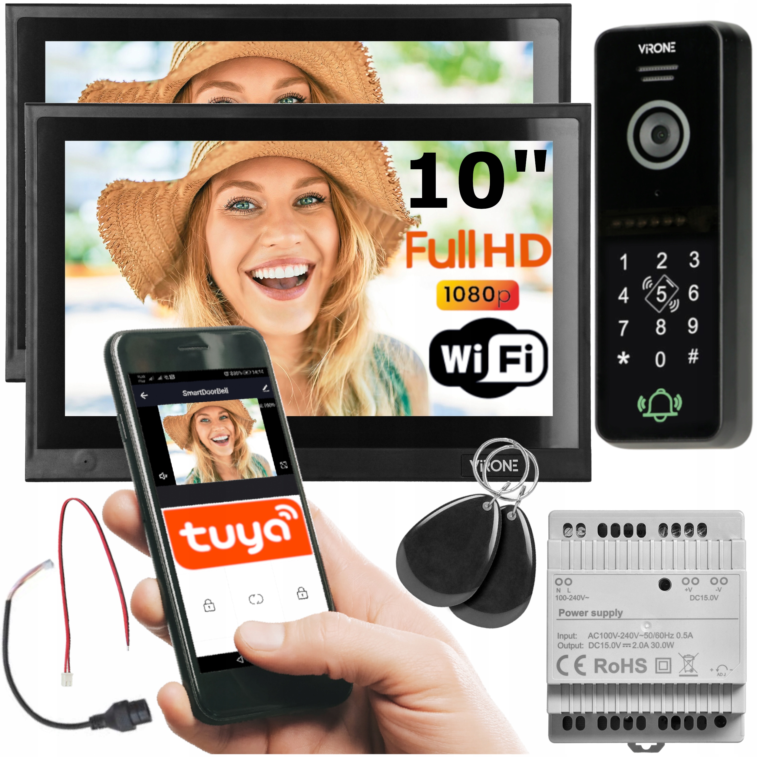 Wideodomofon Wifi 2 Monitory 10" Szyfrator Na Kod Breloki Aplikacja Tuya