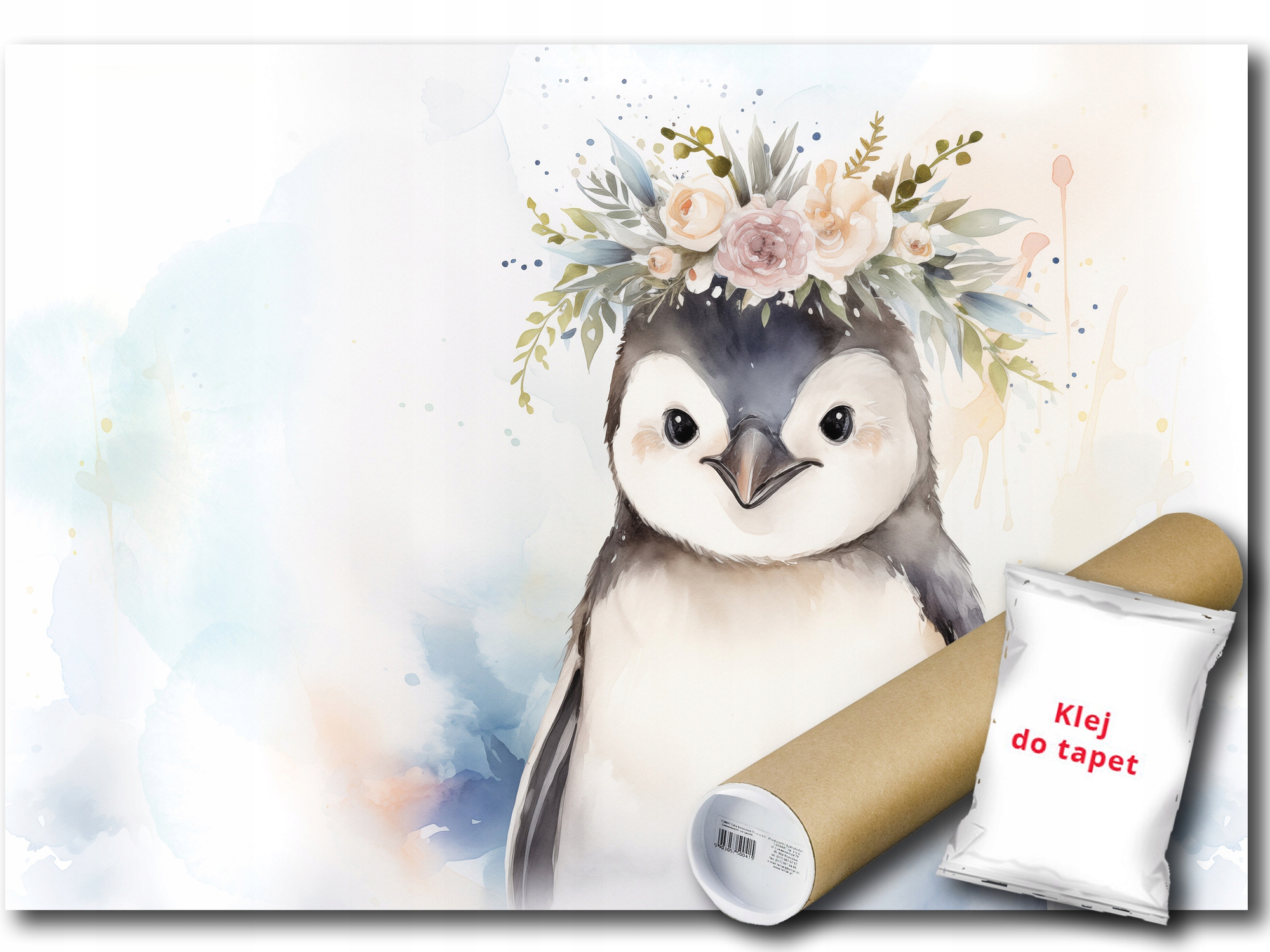 Vinylová Fototapeta Tučňák Pták Květy Věnec Portrét Akvarel 254x184
