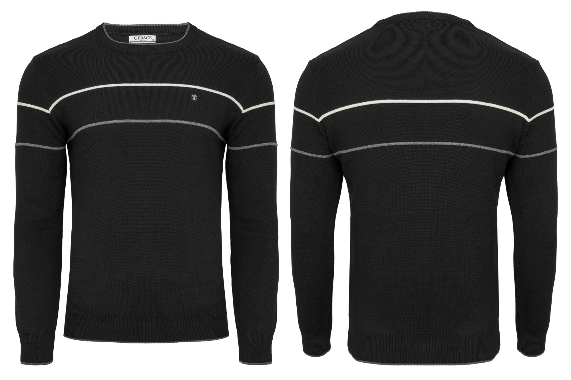 Pánský Svetr Černý S Pruhy Casual Klasický Premium 50% Bavlna Stahovací XL