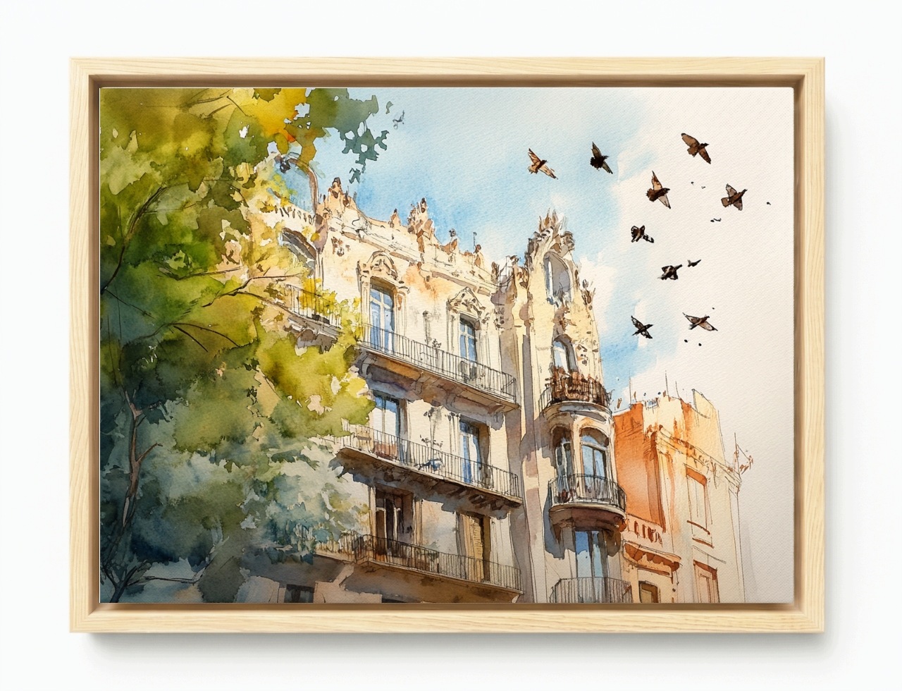Obraz Rám American Box Barcelona Kamenica Vtáky Akvarel Modernizmus 80x60