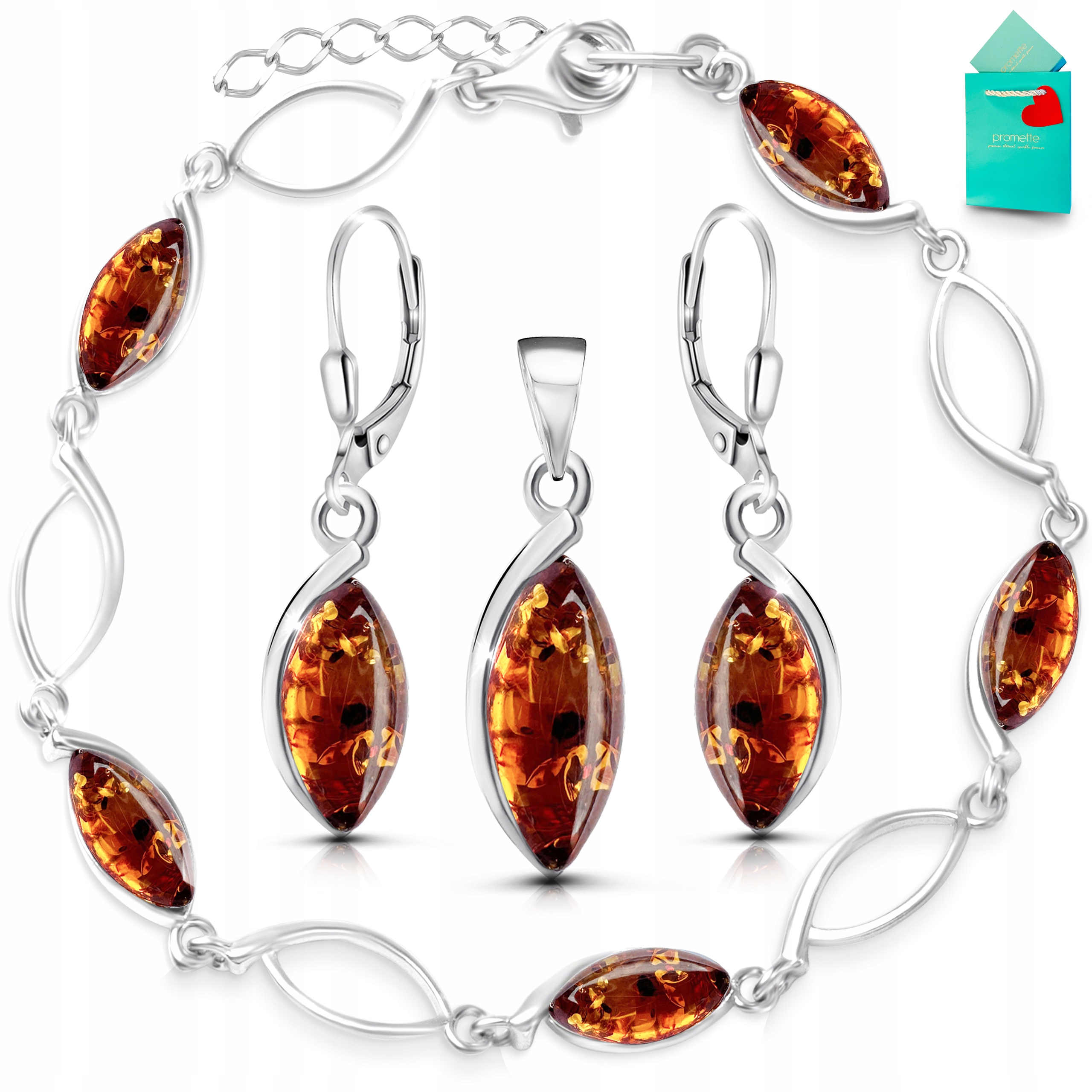 Šperky s jantarem stříbrné náušnice náramek přívěsek sada 925
