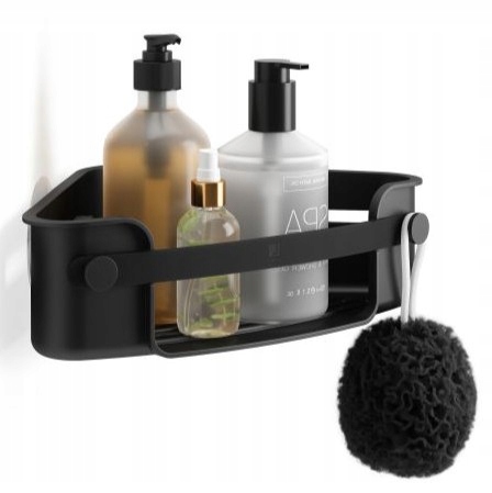 Černá rohová sprchová police do koupelny na kosmetiku, houbičky Flex