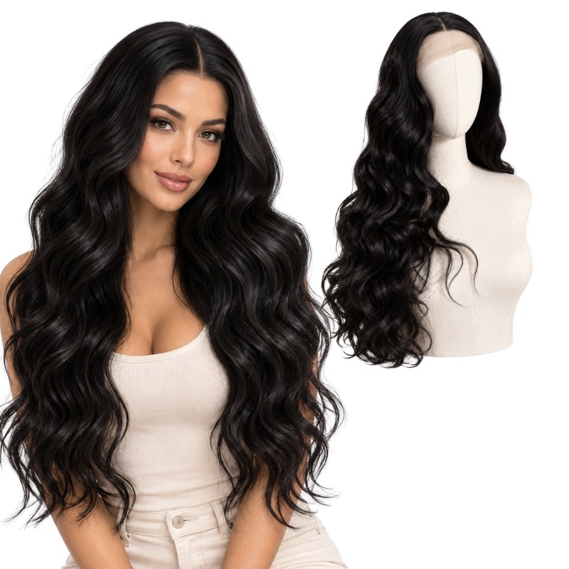 Gęsta Peruka Czarna Długa Falowana Lace Front Przedziałek 80 cm