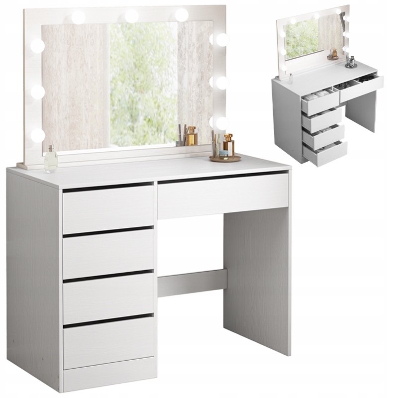 TOALETKA KOSMETYCZNA MAKIJAŻU WIZAŻU Z LUSTREM LED NOWOCZESNA GLAMOUR BIAŁA