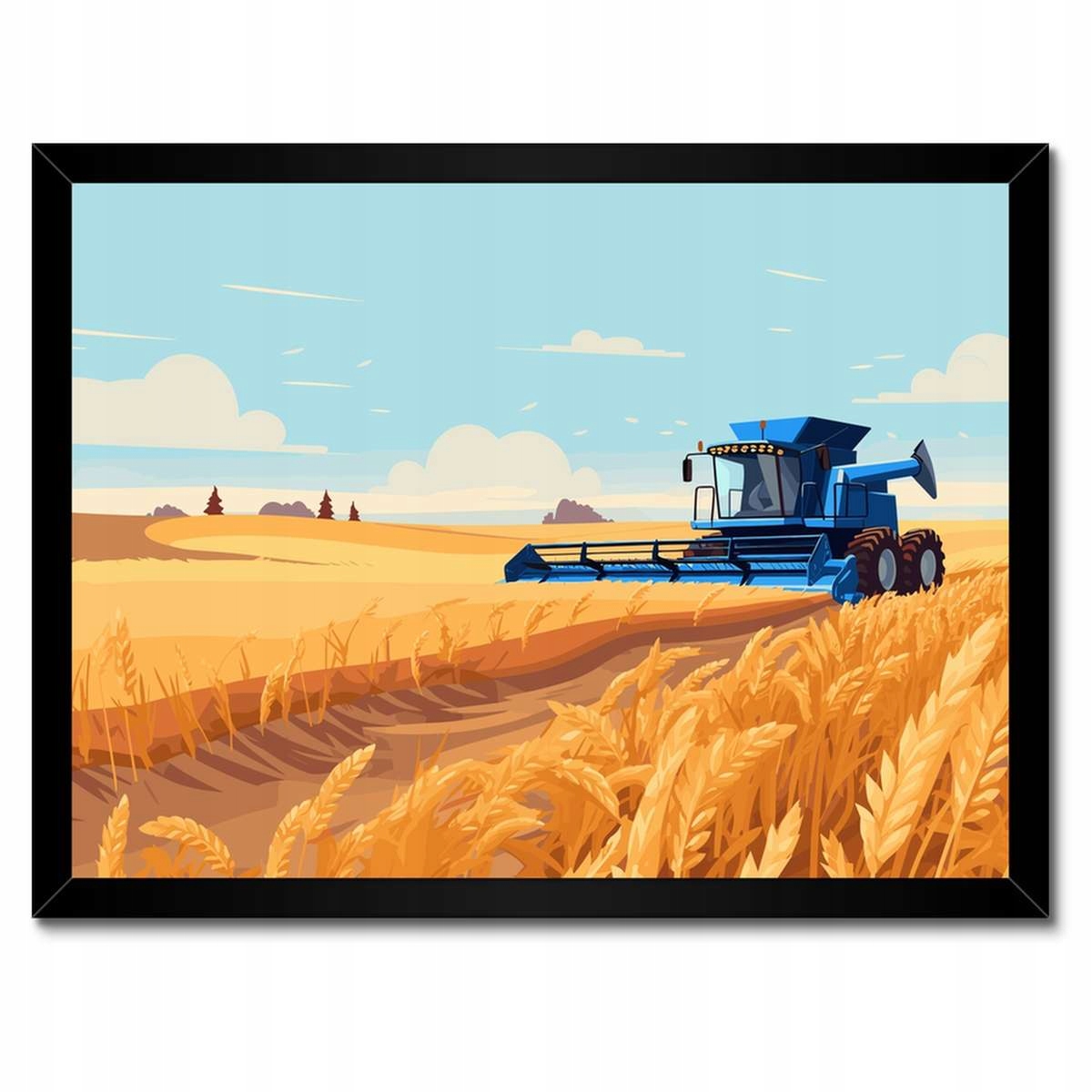 Plakáty v rámu 40x30 Modrý kombajn v poli na sklizni
