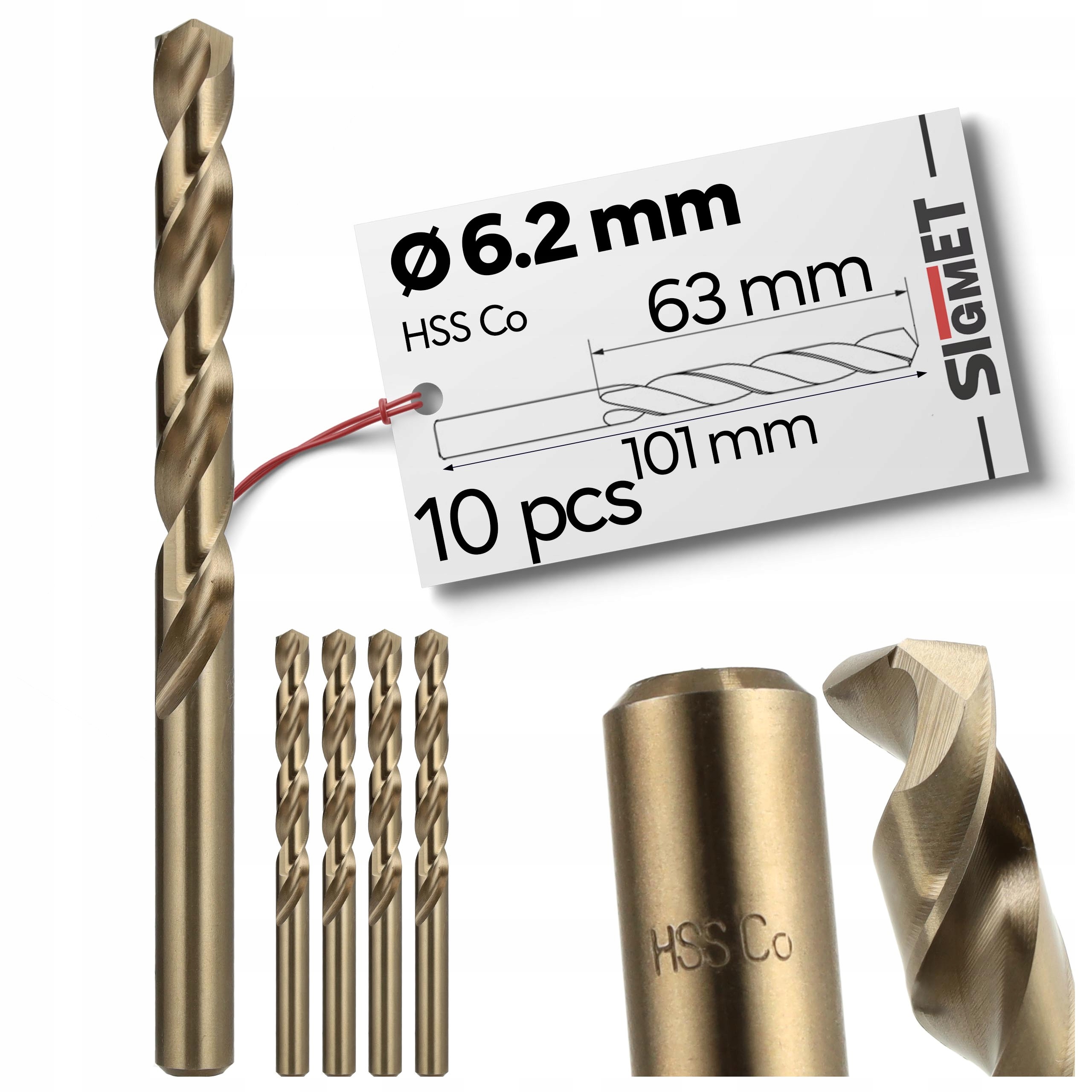10 x Vrták do kovu 6,2 mm kobaltový 101 mm broušené vrtáky Hss-co