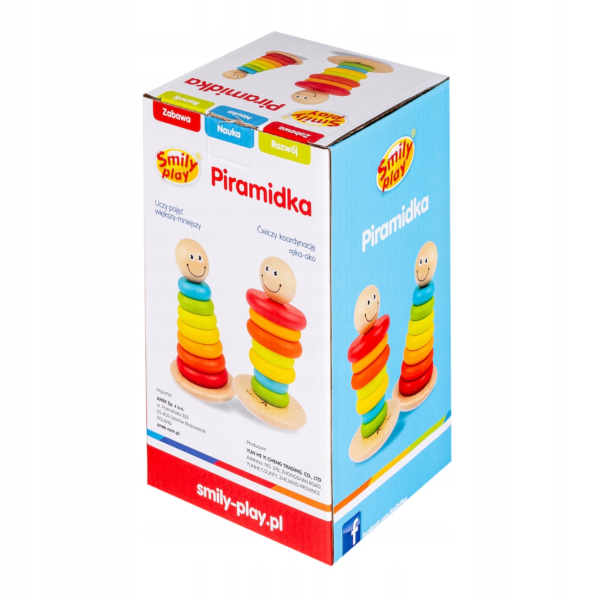 DREWNIANA PIRAMIDKA WAŃKA WSTAŃKA KOLOROWA SMILY Wiek dziecka 18 m +