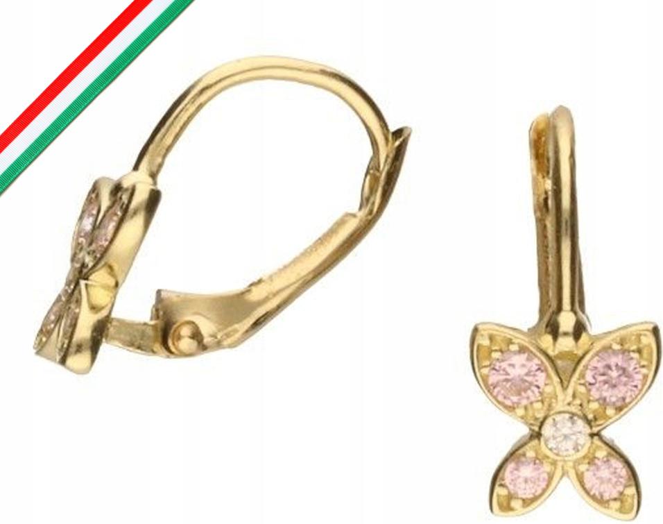Zlaté náušnice 585 malé růžové motýlky zirkony ženské elegantní