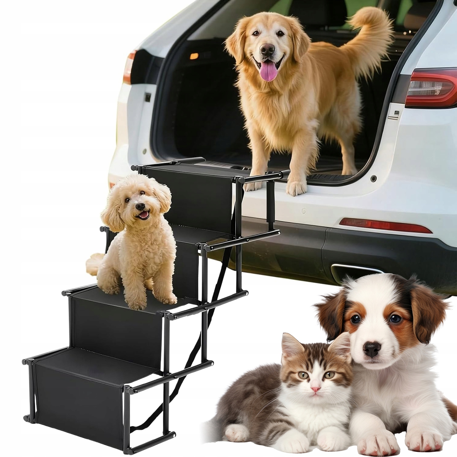 Levně Žebřík Pro Psa, Skládací, 4STUPŇOVÁ Rampa Do Auta, Černá, 176 Kg