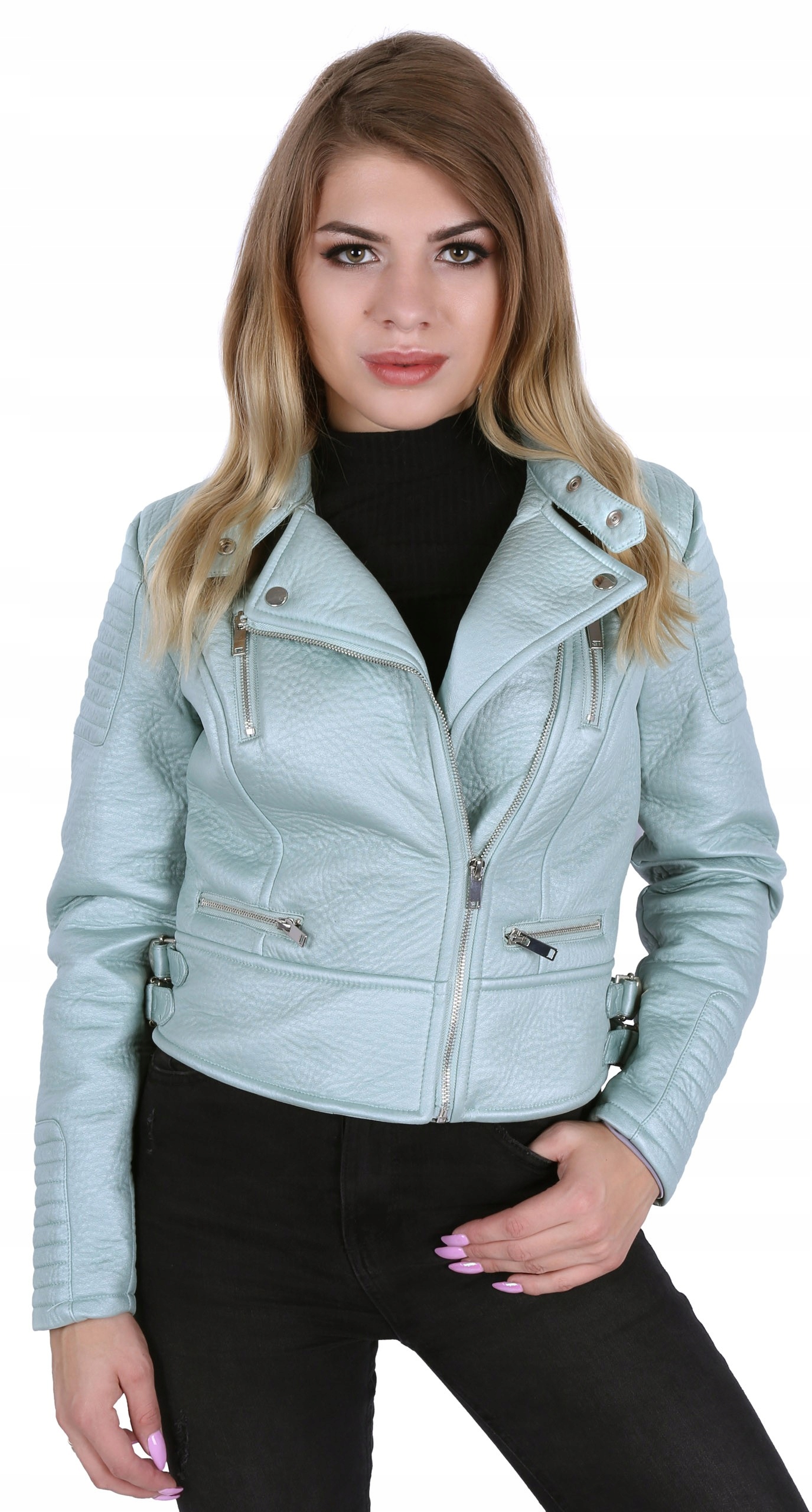 

Seledynowa, skórzana kurtka ramoneska Primark XL