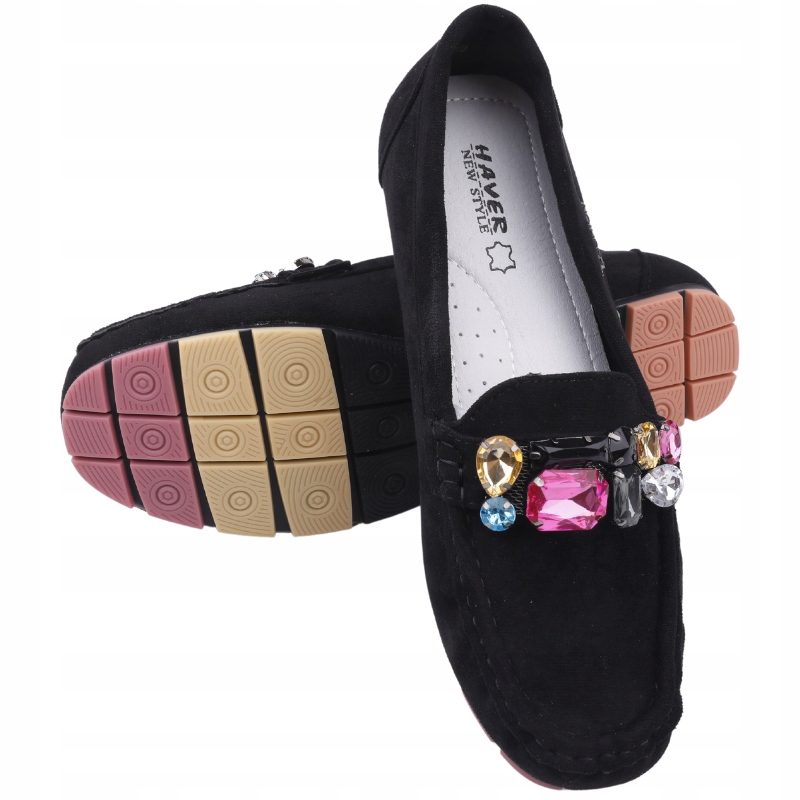 Mokasyny Damskie Wsuwane Półbuty Zamszowe Wkładka Ekoskóra Czarne