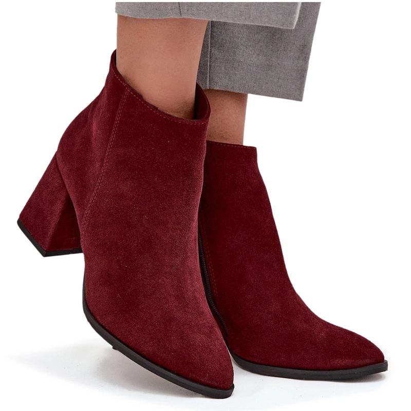 Kotníkové Boty Z Přírodního Semiše, Podpatek, Zateplený Sloupek Zazoo 3128 Bordové 36