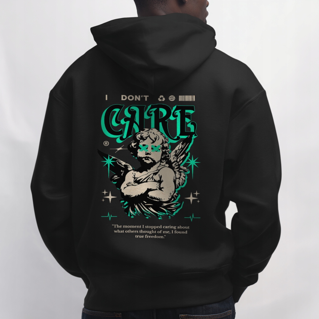 Mikina Hoodie Oversize Černá „I Don't Care“ Unisex, Zadní potisk Xs