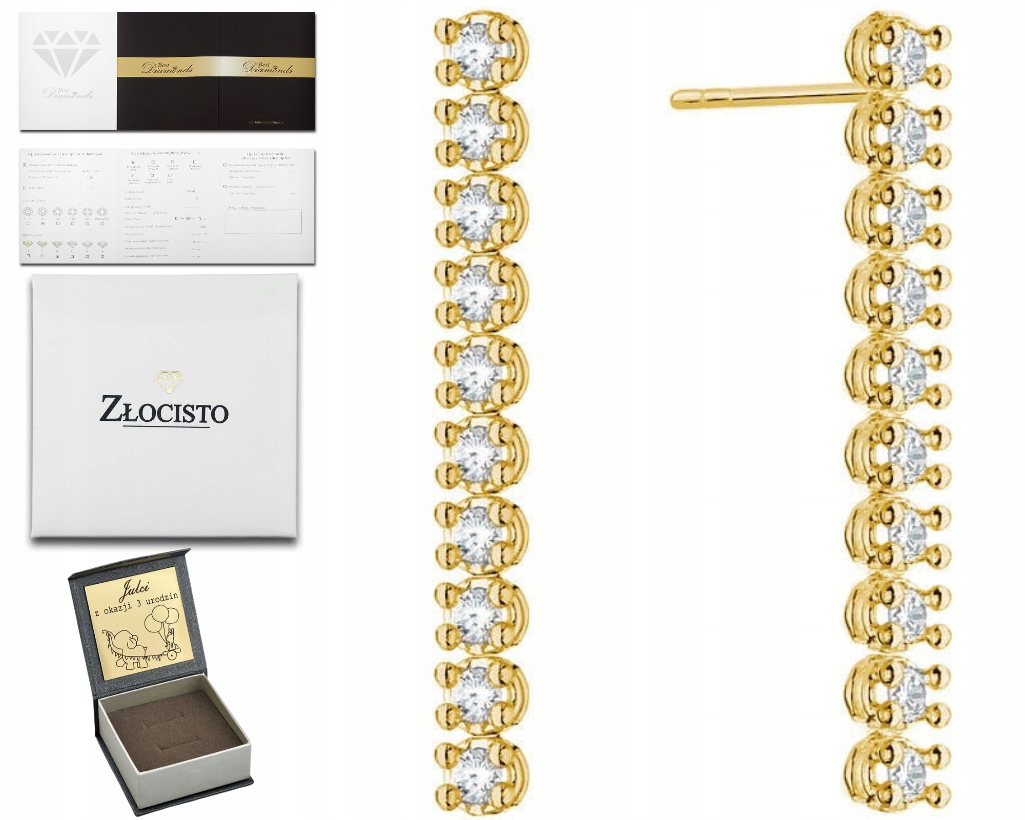 Žluté Zlato Elegantní Moderní Náušnice S Diamanty Gravírování 585 Bonus