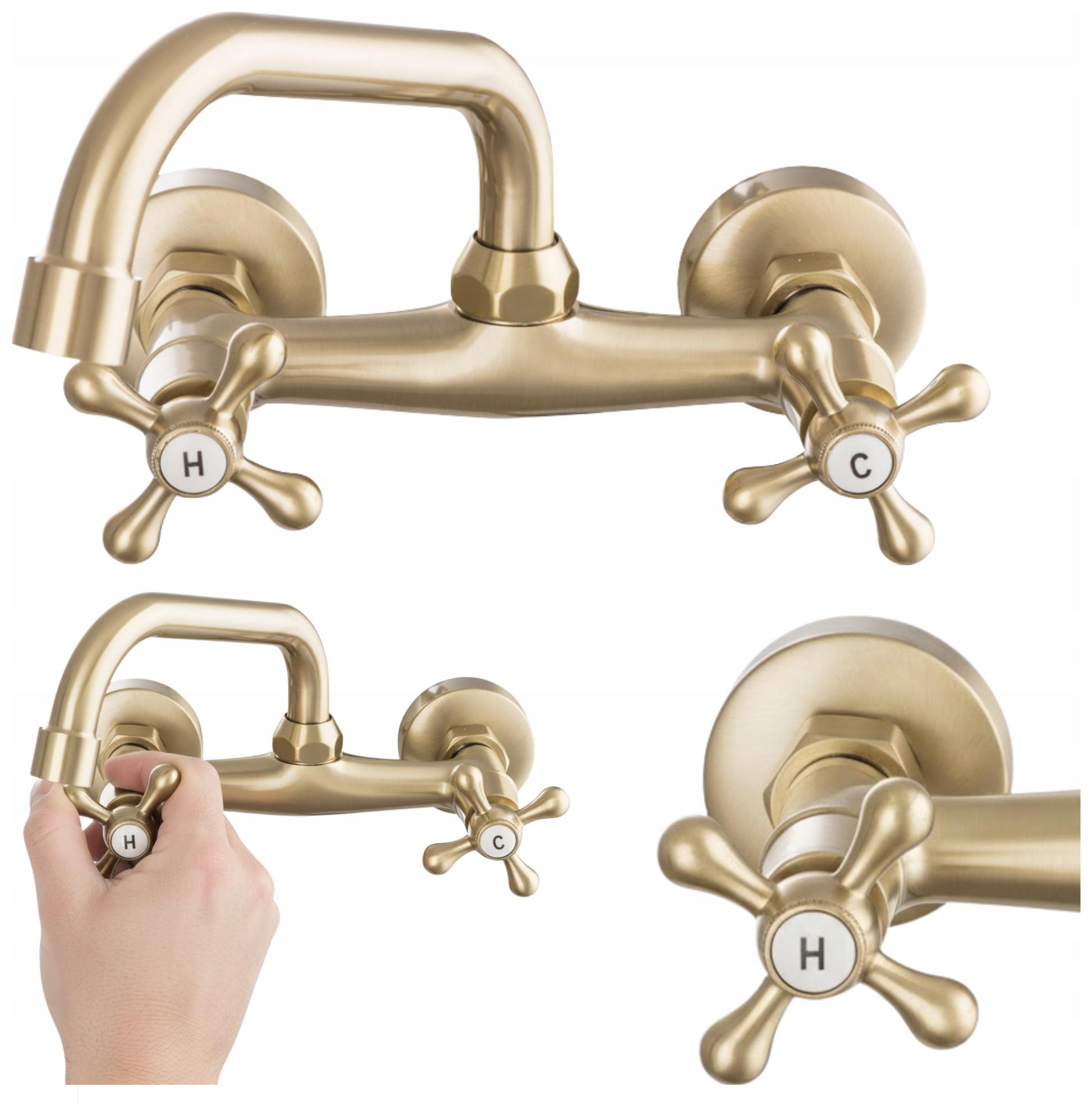 Koupelnová Umyvadlová Baterie Retro Zlatá Kartáčovaná Otočná