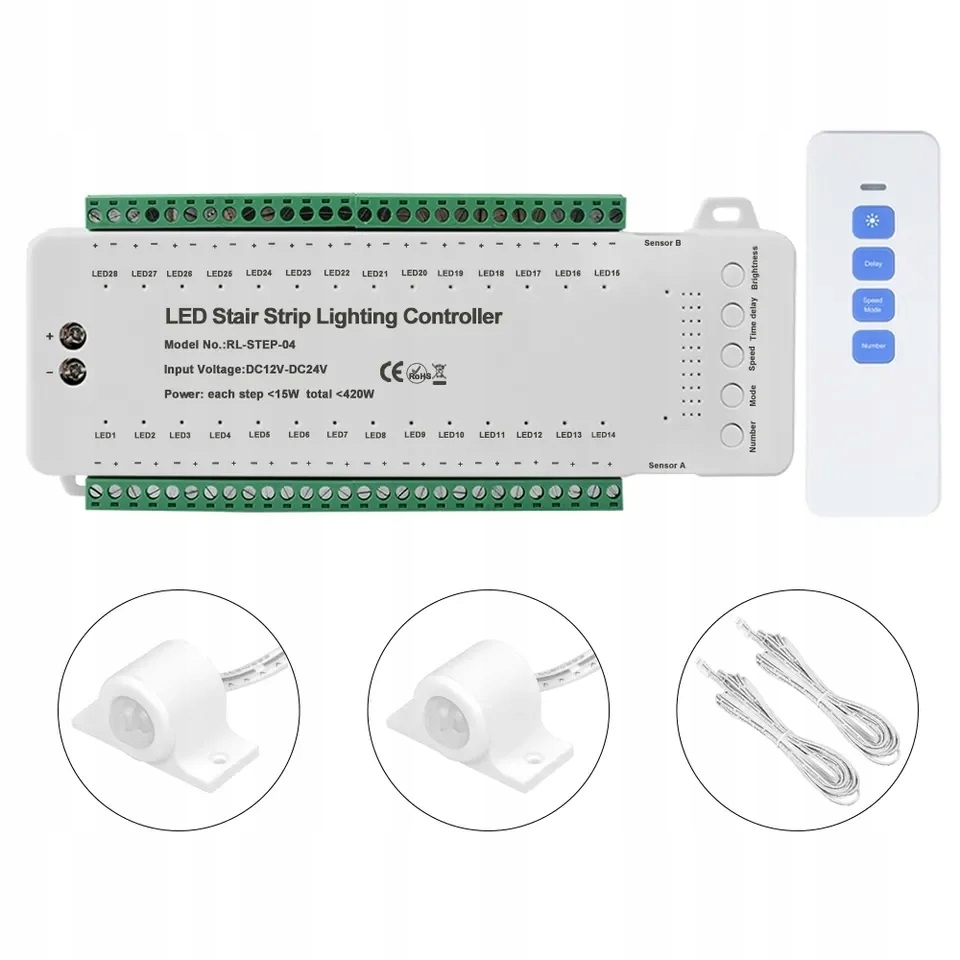 Sterownik Schodowy 28 kanałów 12-24V 420W 2x Czujka ruchu Pir Pilot