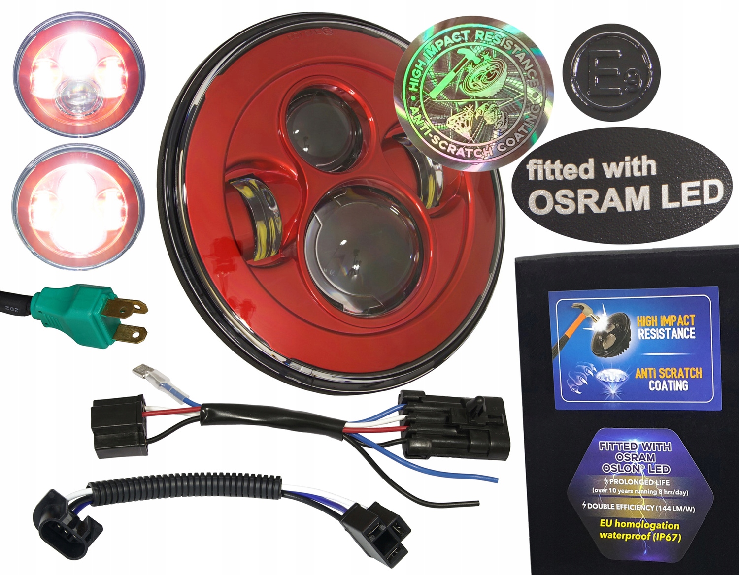 7-palcová Led lampa Osram 144 lm/W Anti-Scratch E, predná homologácia pre Harley