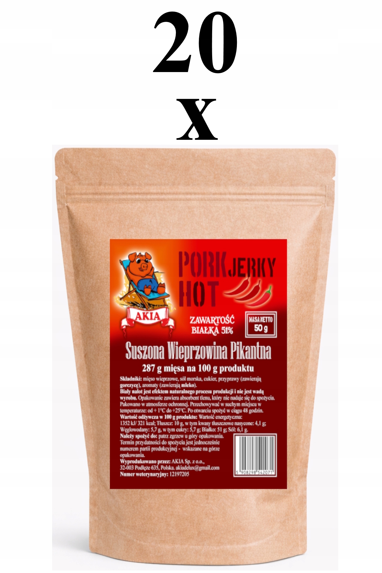 Levně Akia, Sušené vepřové maso, Sušené vepřové maso Pikantní, krabička 20 x 50 g