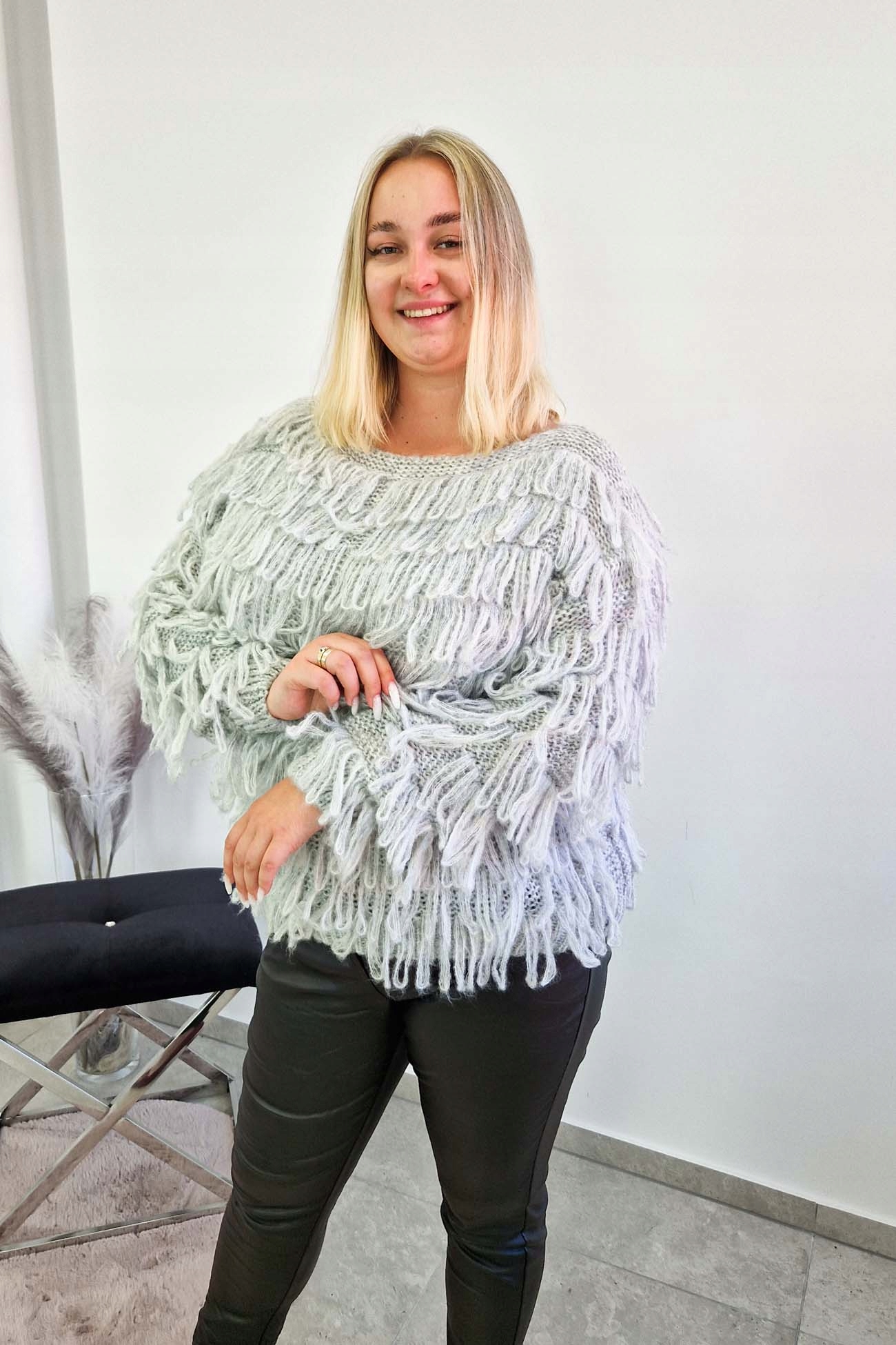 Dámský svetr s třásněmi a dlouhým rukávem, popelavý, Uni