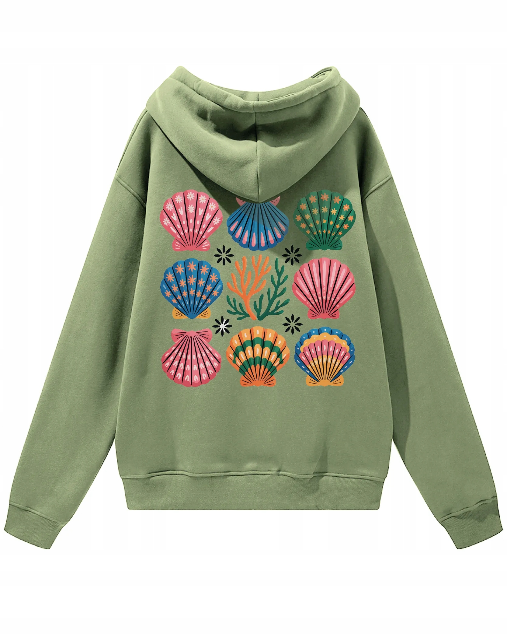 Oversize mikina s kapucí Mořský styl s mušlemi Olivová pláž S