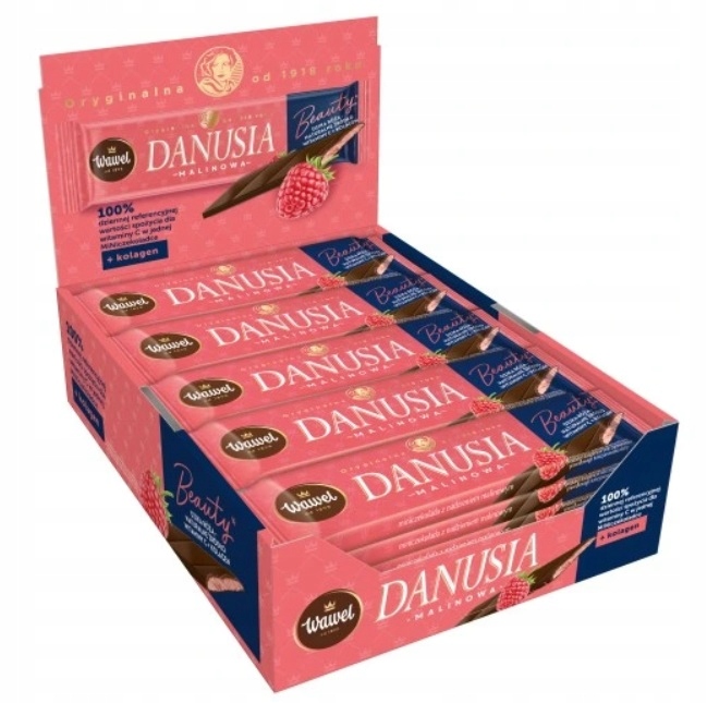 Levně 35x 39g Wawel Danusia malinová čokoláda tyčinka s kolagenem Karton