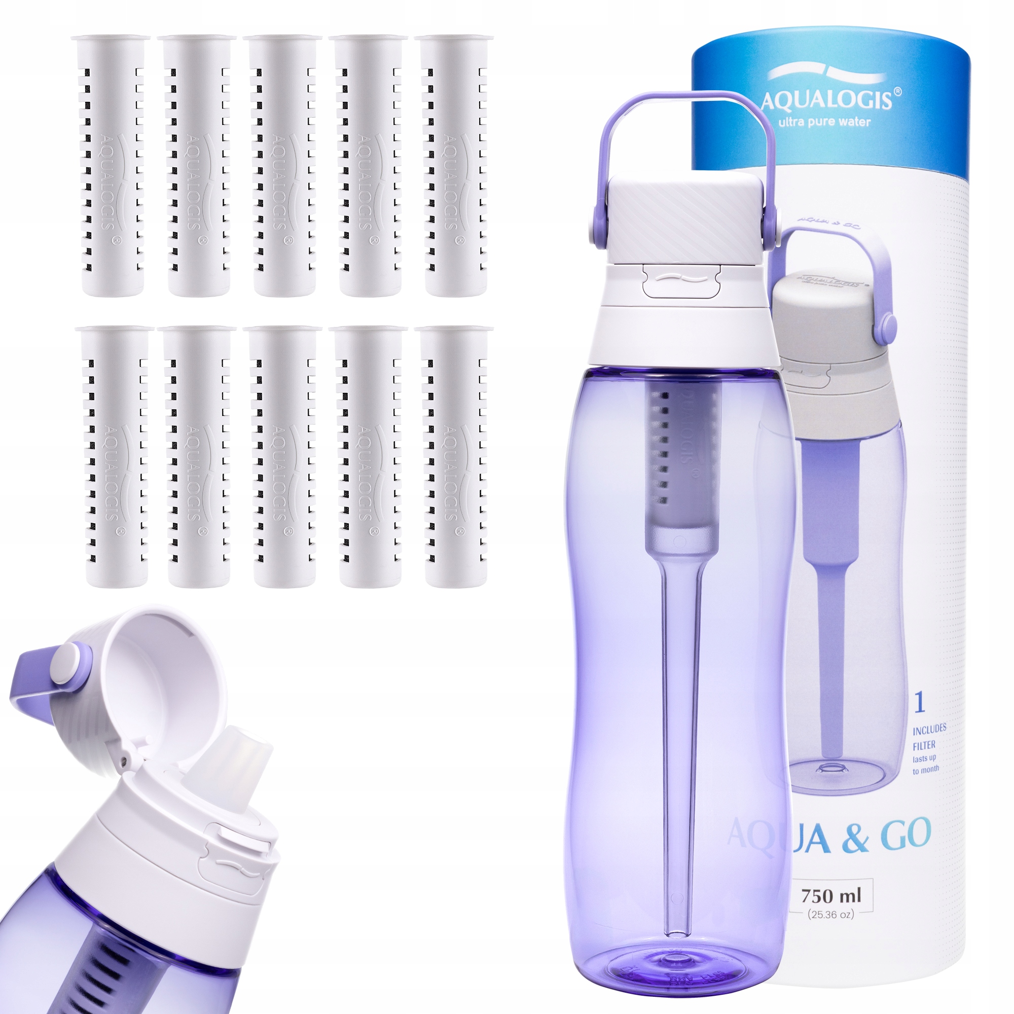Filtrační láhev Aqualogis Aqua&Go 0,75 l fialová 10 náplní