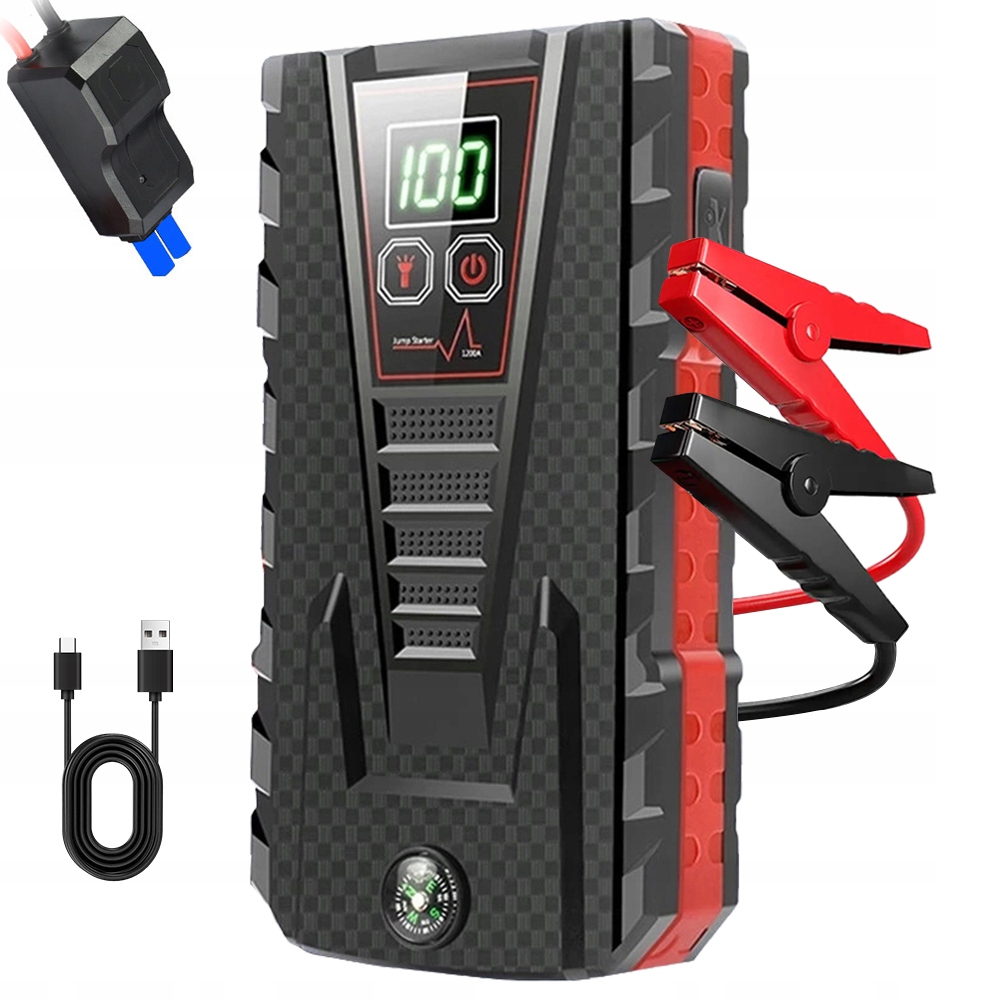 Jump Starter Start Booster Powerbanka Svítilna Svorky Kladívko Sada 99800 mAh
