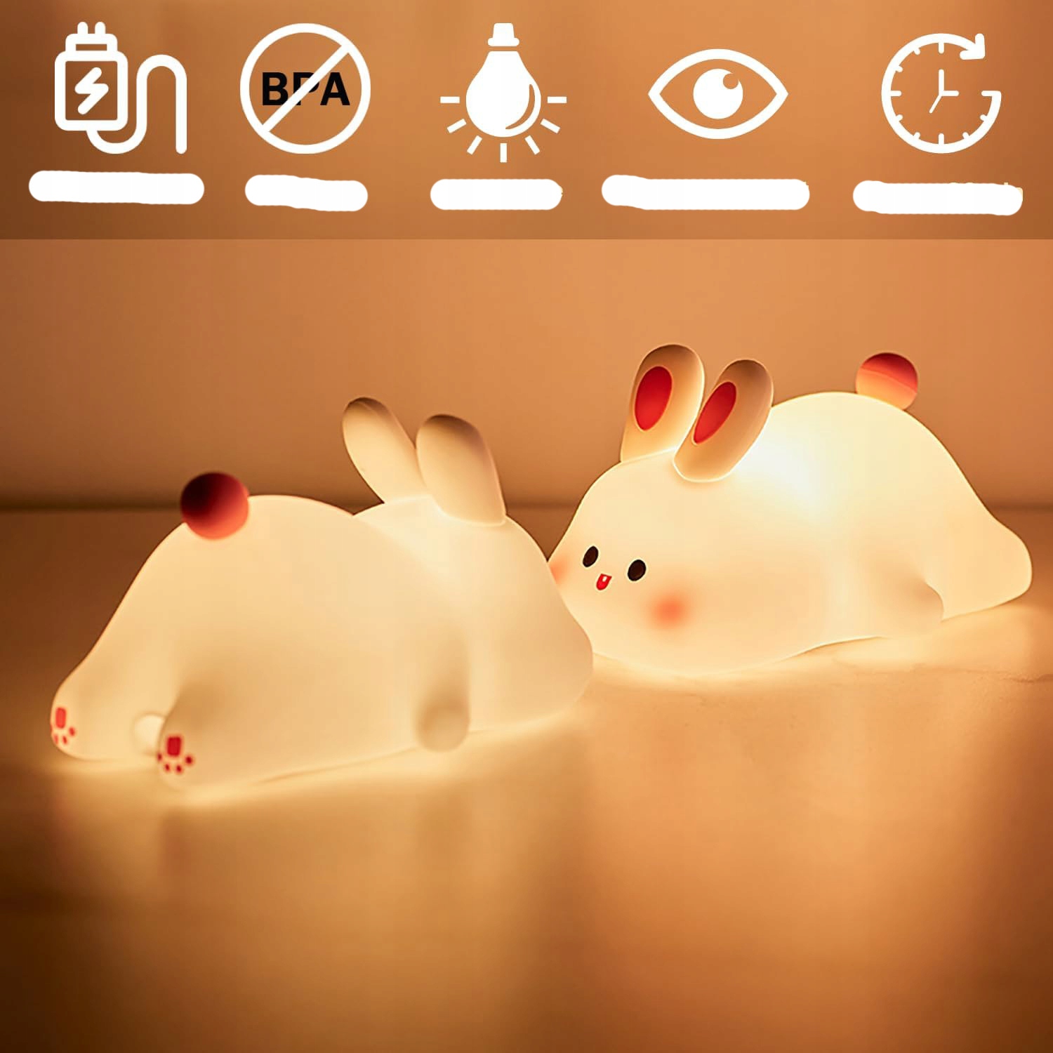 LAMPKA NOCNA DLA DZIECI AKUMULATOR KRÓLICZEK UROCZA LAMPKA Z 3 JASNOŚCIAMI Kolor dominujący żółcie