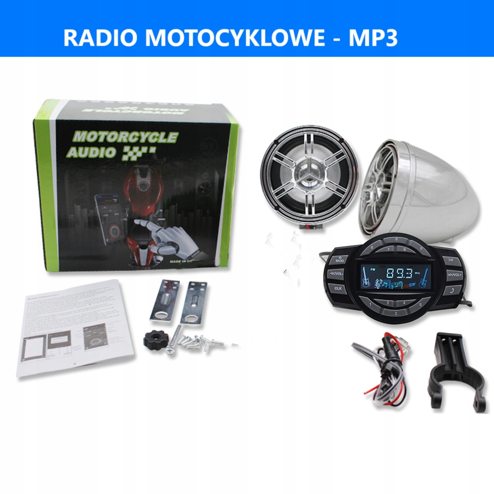 Radio Motocyklowe Z Głośnikami Chrom Alarm MP3 Bluetooth Telefon