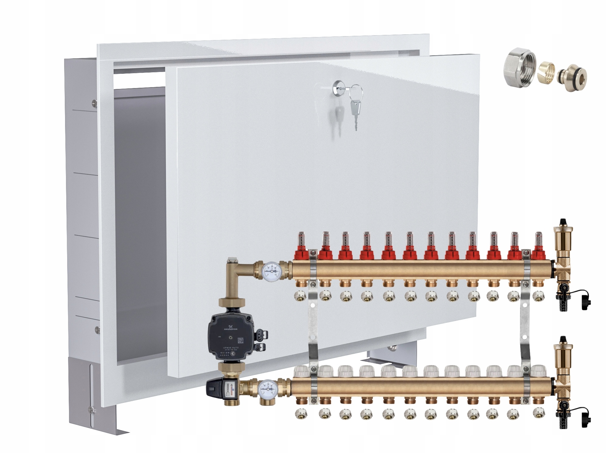 Rozdělovač pro podlahovku 12 s Grundfos Group Pex Podomítková Skříňka