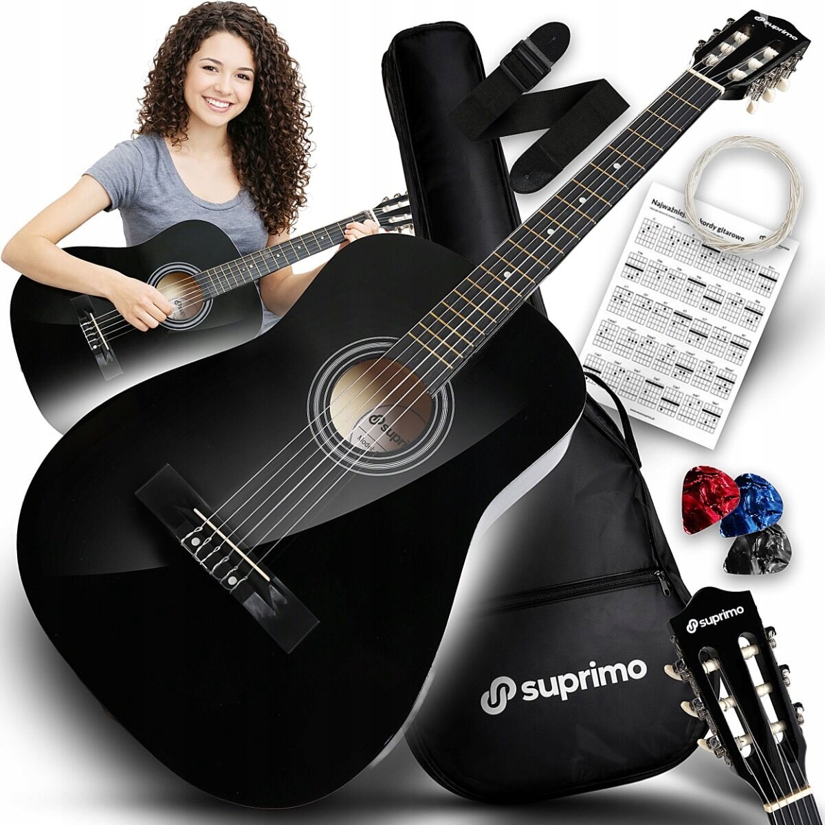 Gitara Klasyczna 4/4 Do Nauki Kostki Pasek Pokrowiec Struny Książka Akordów