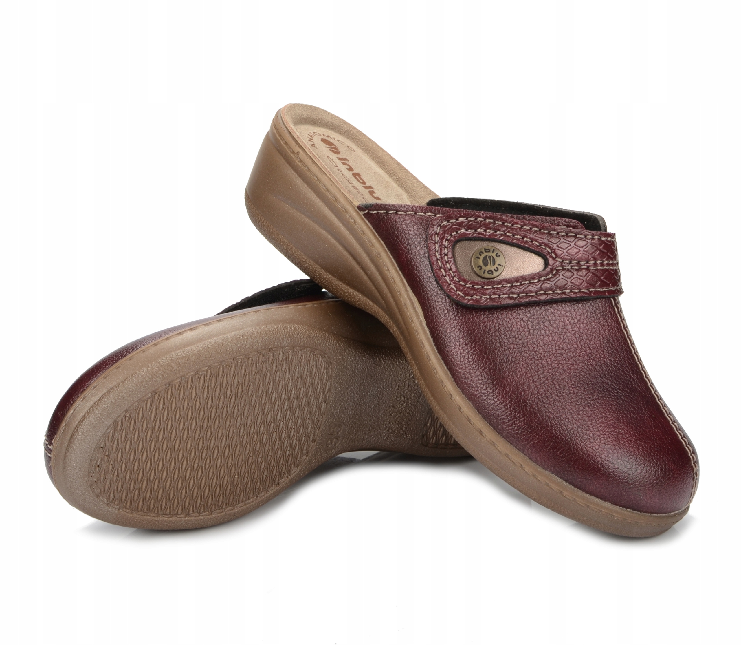KLAPKI DAMSKIE INBLU SKÓRA WKŁADKA LY-61 WYGODNE ZAKRYTE PALCE BORDO 37 Długość wkładki 23.5 cm