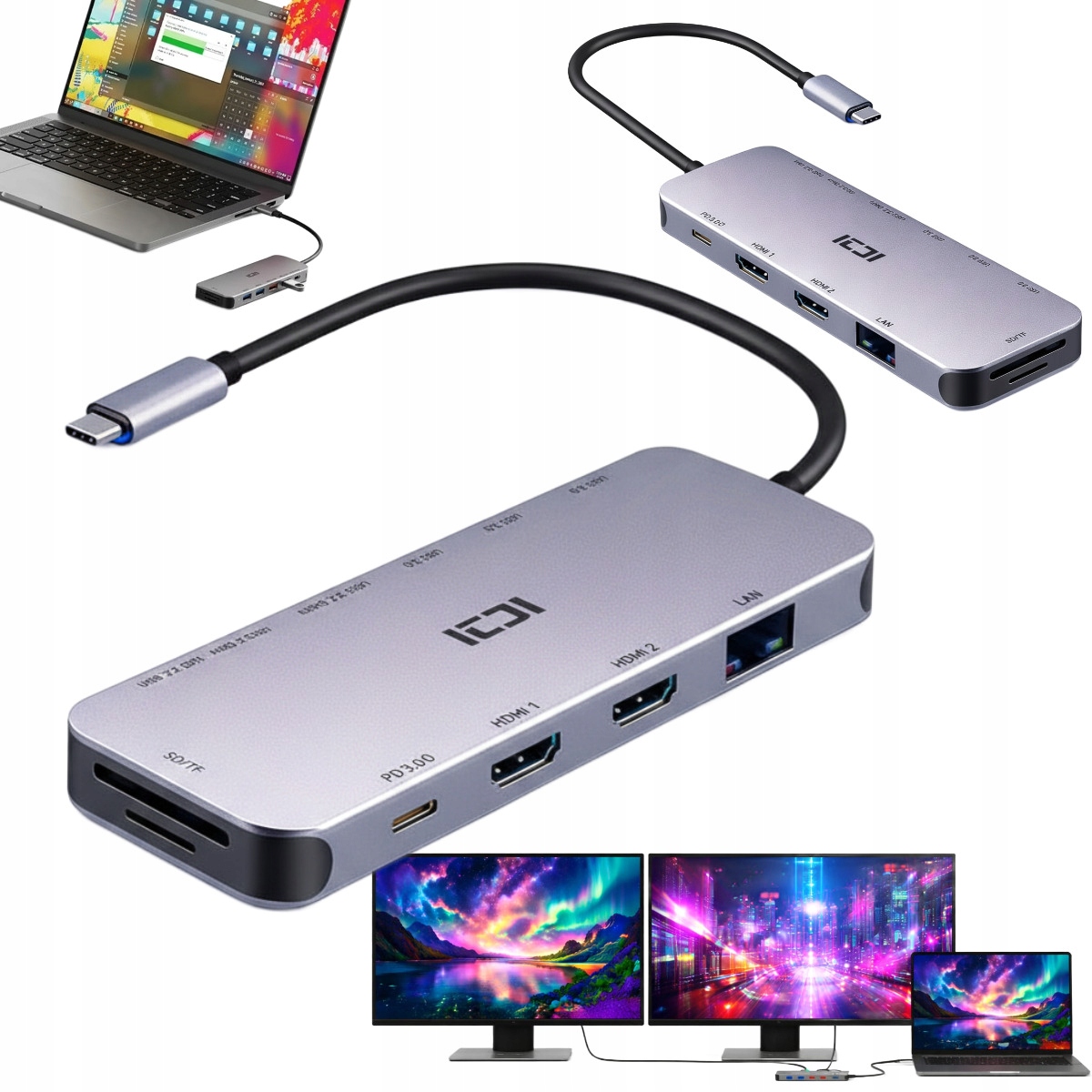 Usb-c dokovací stanice pro 2 monitory, rozšíření obrazu pro notebook Hiro