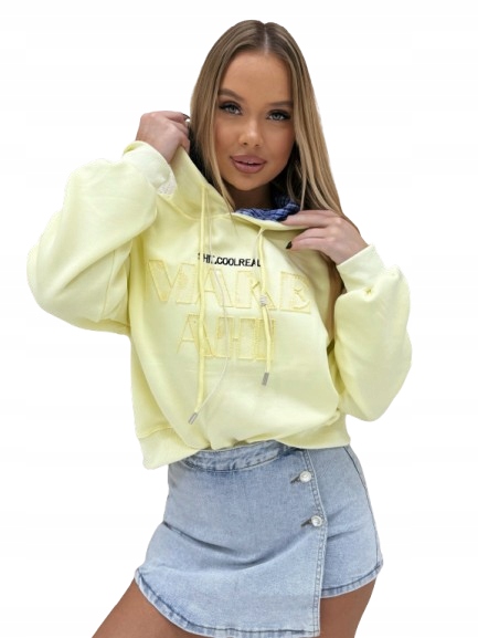 Bluza z kapturem damska casual zdobiona cekinami jasno-żółta/limonkowa