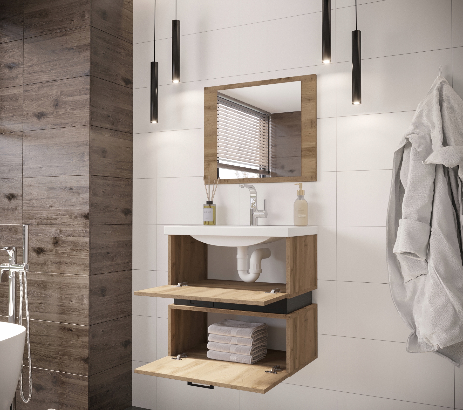 Meble łazienkowe TRIO zestaw 5 dąb wotan + czarny Kolor mebla dąb wotan