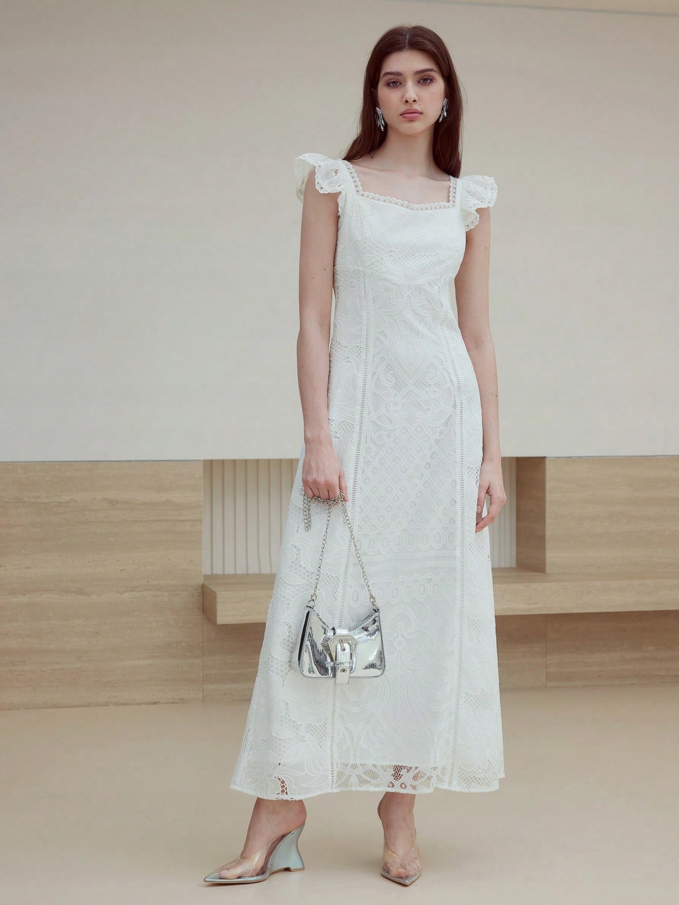 Šaty Krajkové Maxi Elegantní Bílé Premium Motf S 36