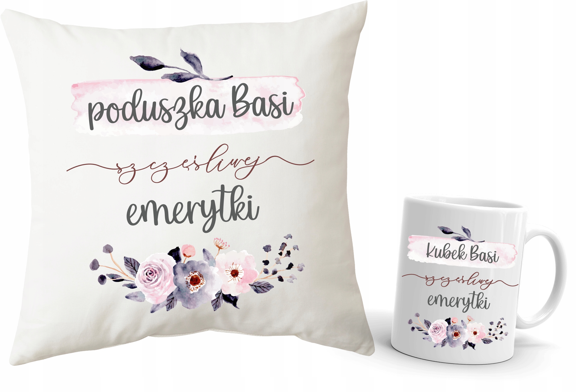 Poduszka + kubek EMERYTKI EMERYTKA PRZEJŚCIE NA EMERYTURĘ szczęśliwa + IMIĘ