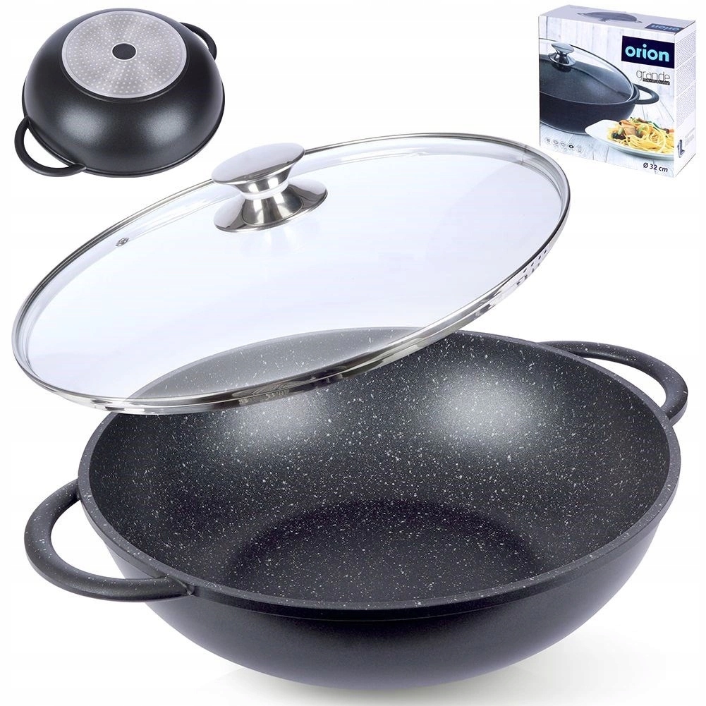 Granitová hluboká pánev Wok se skleněným víkem na plyn Indukční Orion 32 cm