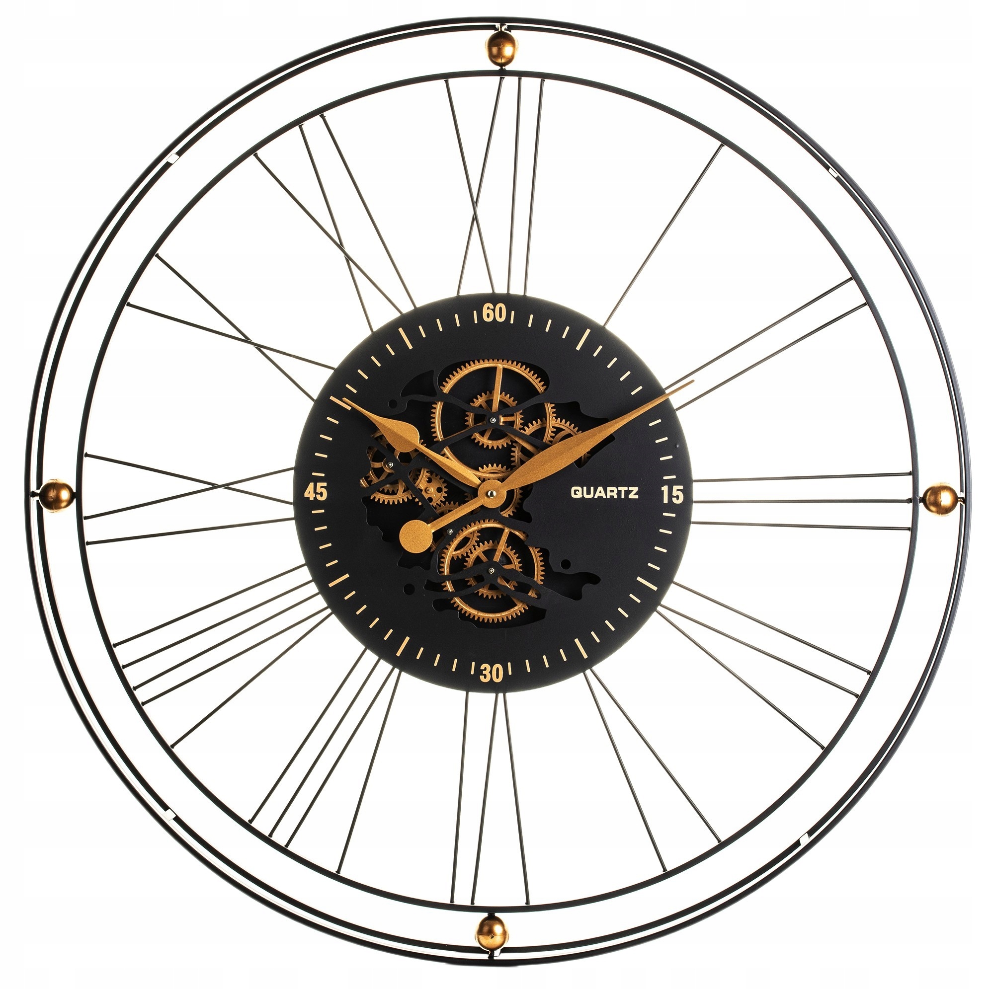 Nástenný okrúhly hodinový strojček čierny zlatý glamour Treviso kovový, štýlový závesný
