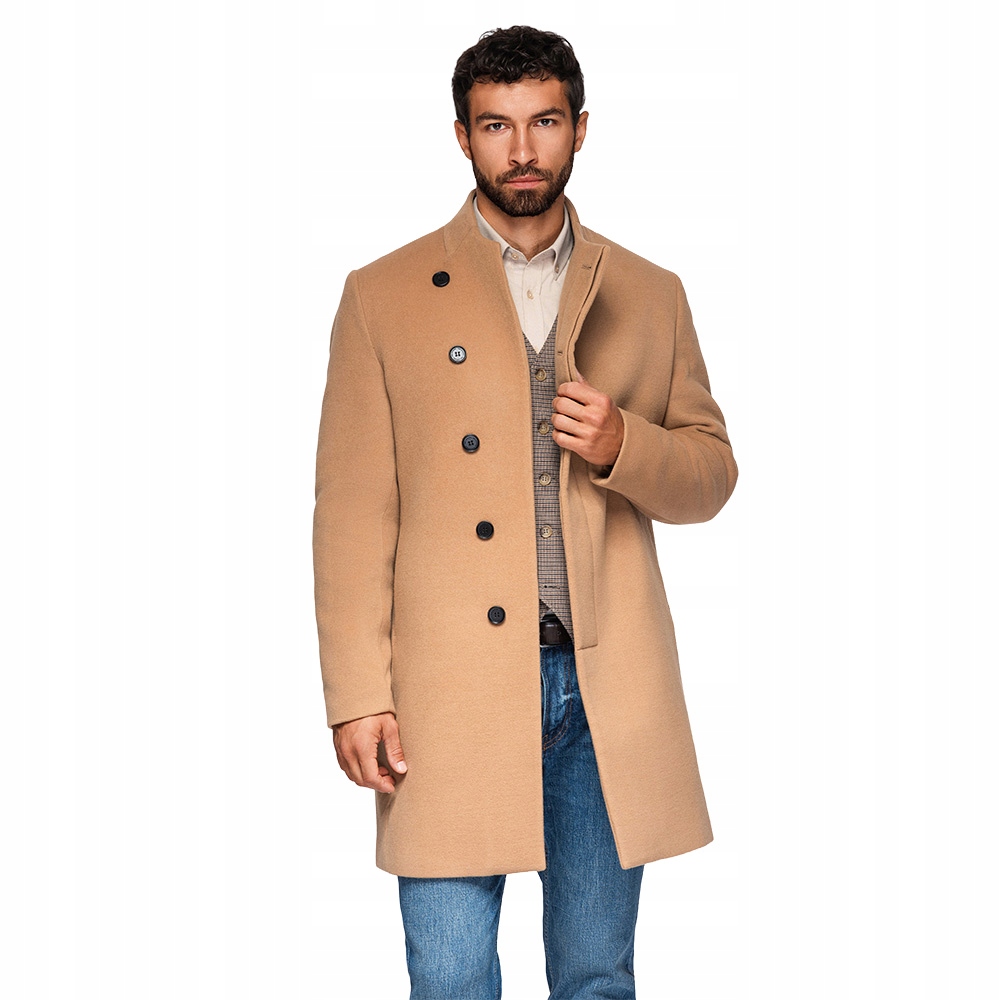 Pánský kabát s asymetrickým zapínáním světle hnědý V4 OM-COWC-0141 vel. XXL