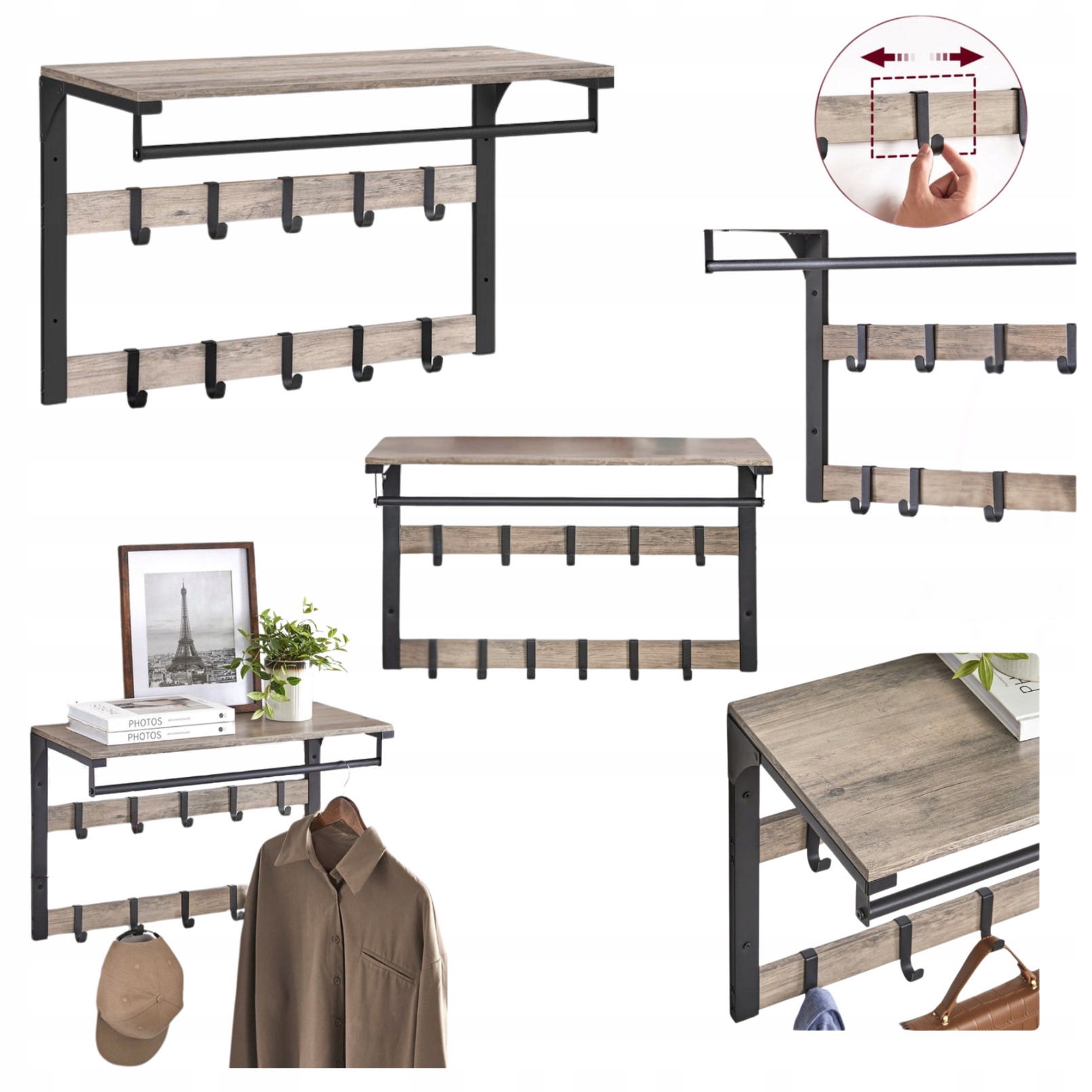 Nástenný vešiak na oblečenie Kabáty Drevená závesná polica s tyčou Loft