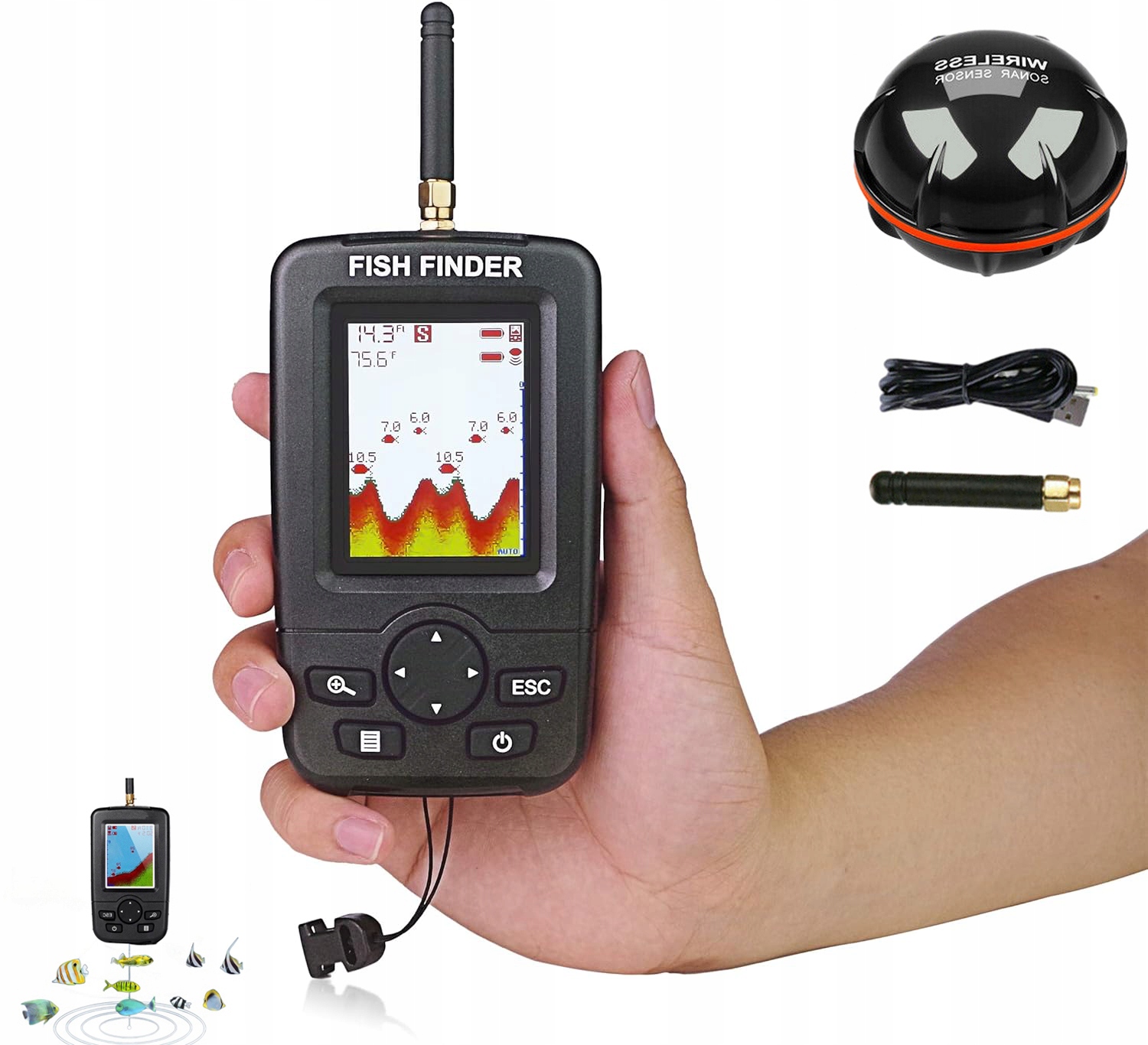Bezprzewodowy Sonar Ryb 125 Khz 90 Stopni Zasięg