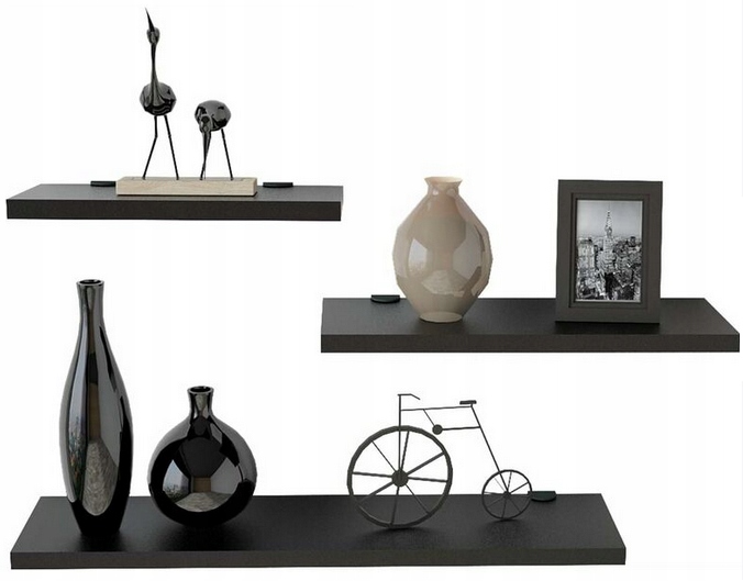 3 x Police 30/50/70 cm Dub Černý Bílý Závěsná Stěna Obývací Pokoj Kuchyně