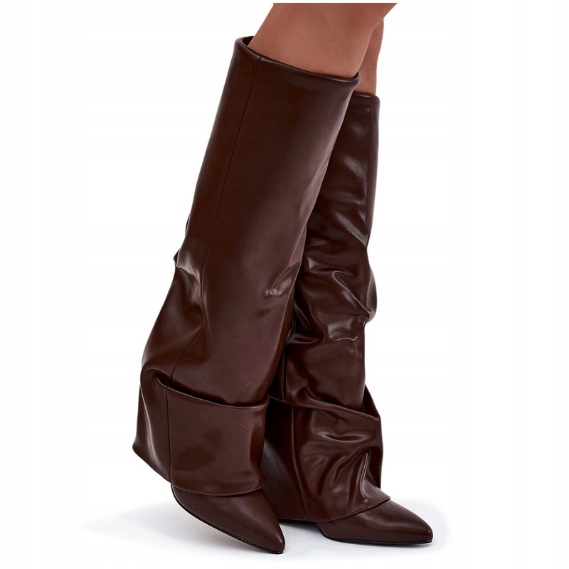 Zateplené Kozačky Vyhrnutý Svršek Podpatek Sloupek Nazouvací Čokoládový 40