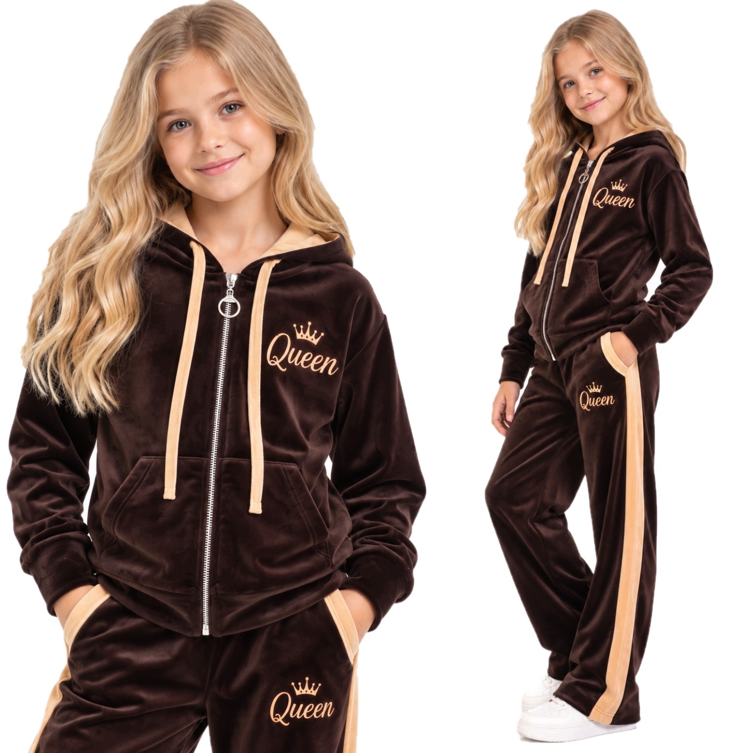 Dres Dziewczęcy Welurowy Brązowy Zapinana Bluza Spodnie Komplet Queen 12Y