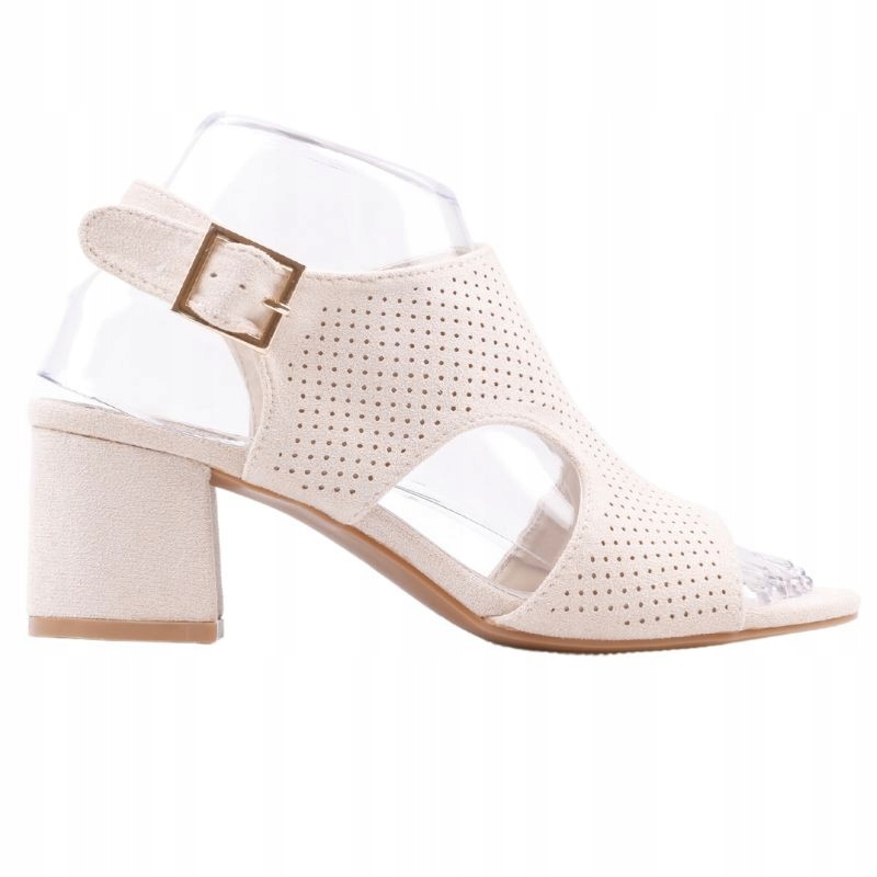 Sandały damskie ażurowe na słupku beżowe zamszowe sandałki na obcasie