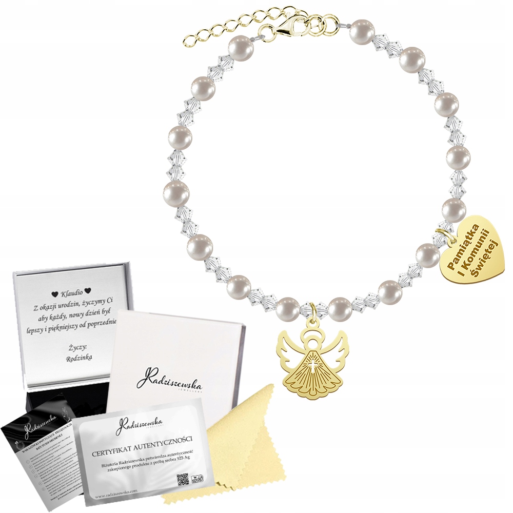 Zlatý náramek na křtiny s andělem Srdce s gravírováním Stříbro 925 Perly