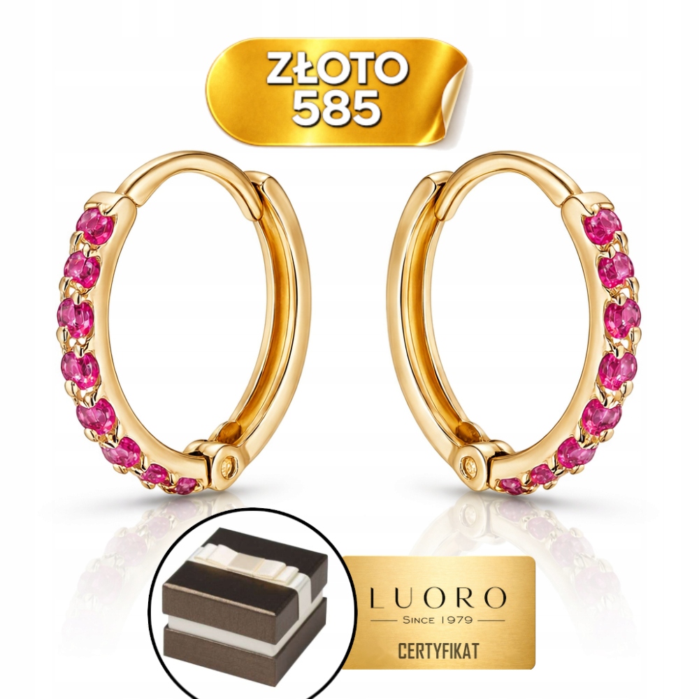Náušnice Zlaté 585 14K Kroužky S Kameny Fuchsiový Kreol 10 MM