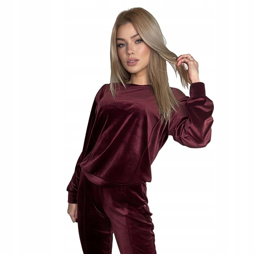Welurowy dres damski komplet bluza spodnie z przeszyciami bordowy modny XL